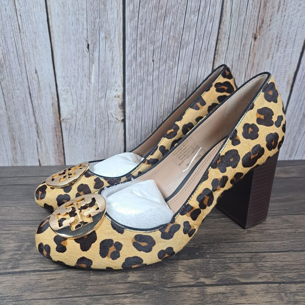 Tory Burch Leather Ocelot Leopard Calf Hair 3.5" Pumps Womens Sz 8 M w/Logo NWOB
